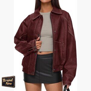 Oversized Faux Leather Bomber Jacket, Relaxed Fit, Long Sleeve, Zipper Closure